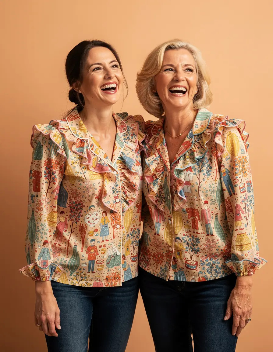 The two designers behind Somna laughing against a peach wall