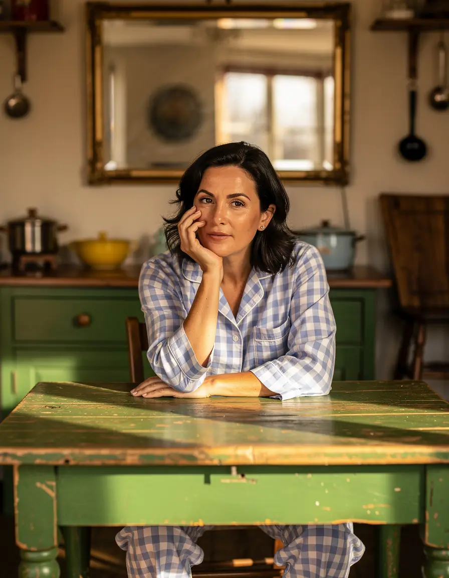 A woman in blue check pyjamas sitting at a green kitchen table